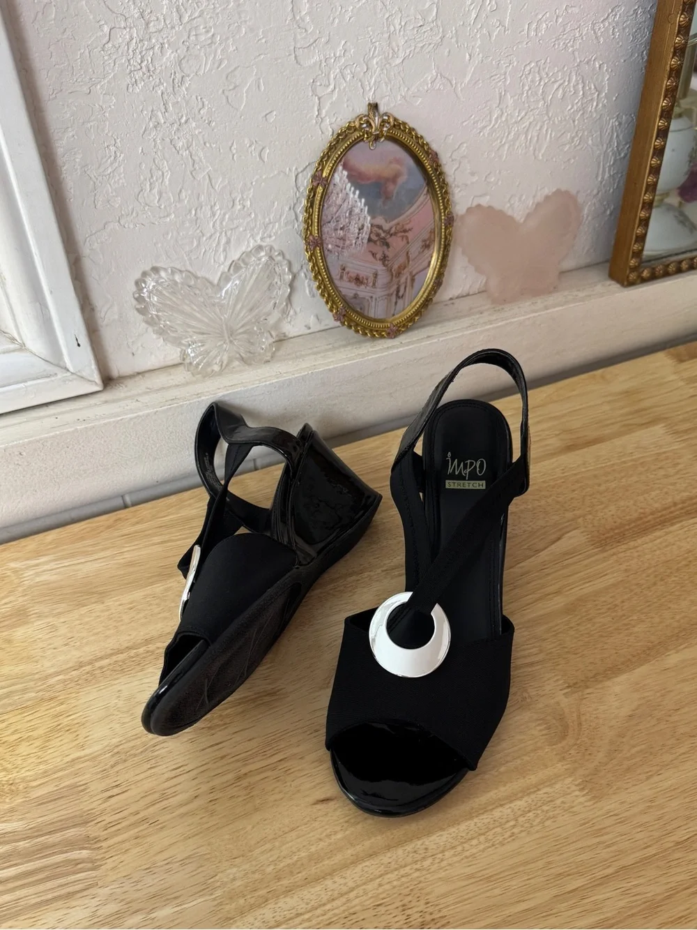 IMPO Black Stretch Slingback Wedge Sandals Size 10 Y2K Peep Toe Comfort Heels